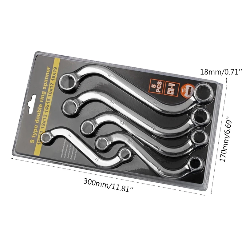 5 Pieces Practical S-Style Wrench Set Double-headed 12-Point Box Ends S-Shaped Wrench 10mm to 19mm S-Shaped Spanner