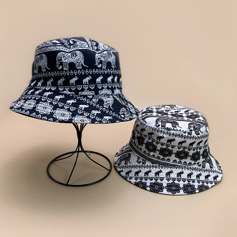 Ethnic Style Print Elephant Flower Bucket Hats New Unisex Casual Sunshade Versatile Double Sided Wearable Retro Fisherman Caps