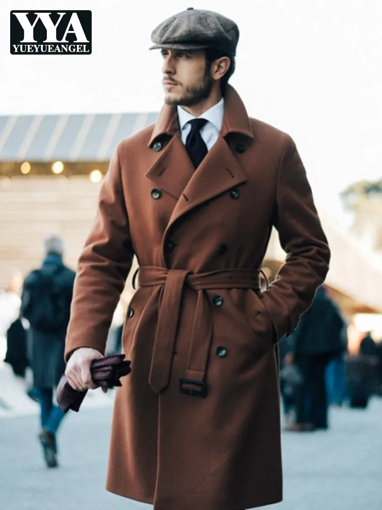 

Осень-зима, деловое повседневное мужское шерстяное пальто, двубортное пальто средней длины, винтажное облегающее офисное мужское рабочее длинное пальто