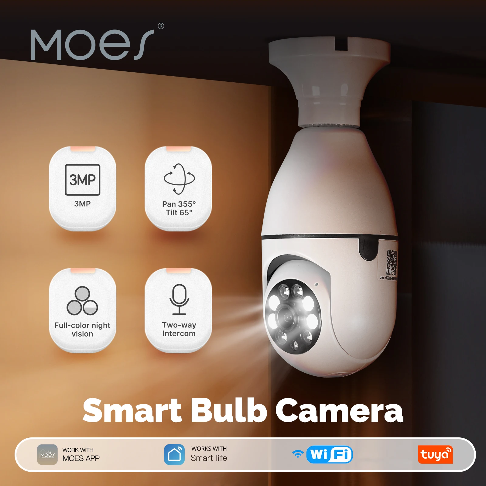 MOES Tuya WiFi 3MP Surveillance Smart Security Camera Light Bulb With E27 Socket Human Tracking Full Color Night Vision Indoor