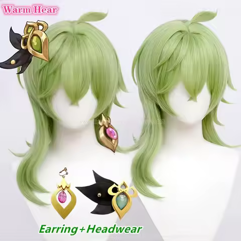 New! Collei Cosplay Wig Anime Short 45cm Grass Green Wig Cosplay Anime Wig Earring Heat Resistant Synthetic Party Wigs + Wig Cap