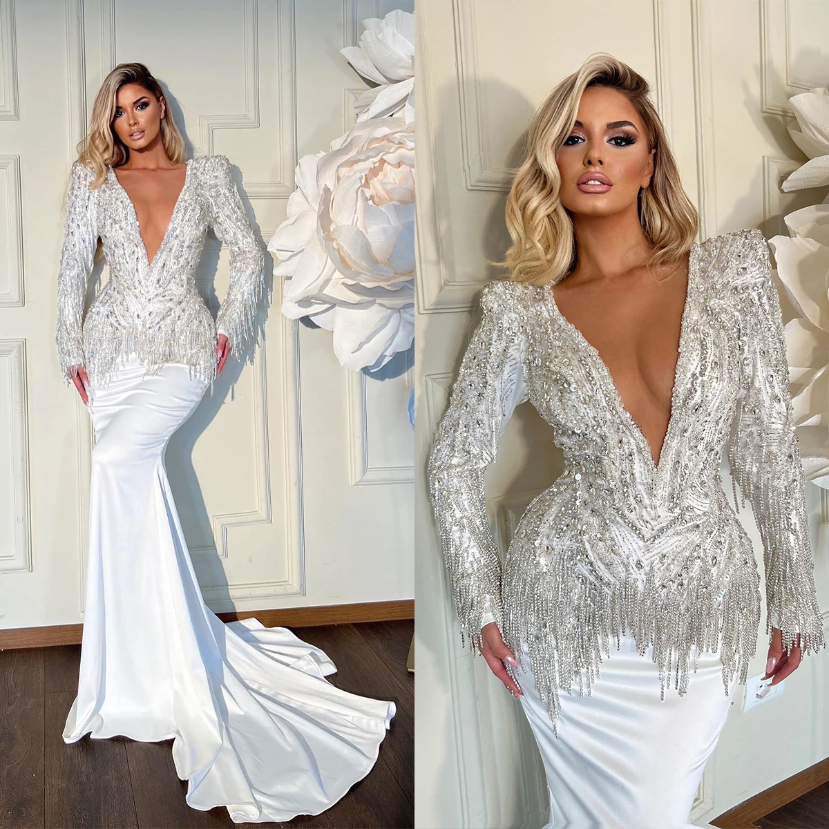 Vestido de fiesta con borlas de diamantes de lujo, cuello en V profundo, mangas largas, sirena con diamantes de imitación, ocasión Formal, vestidos de noche personalizados