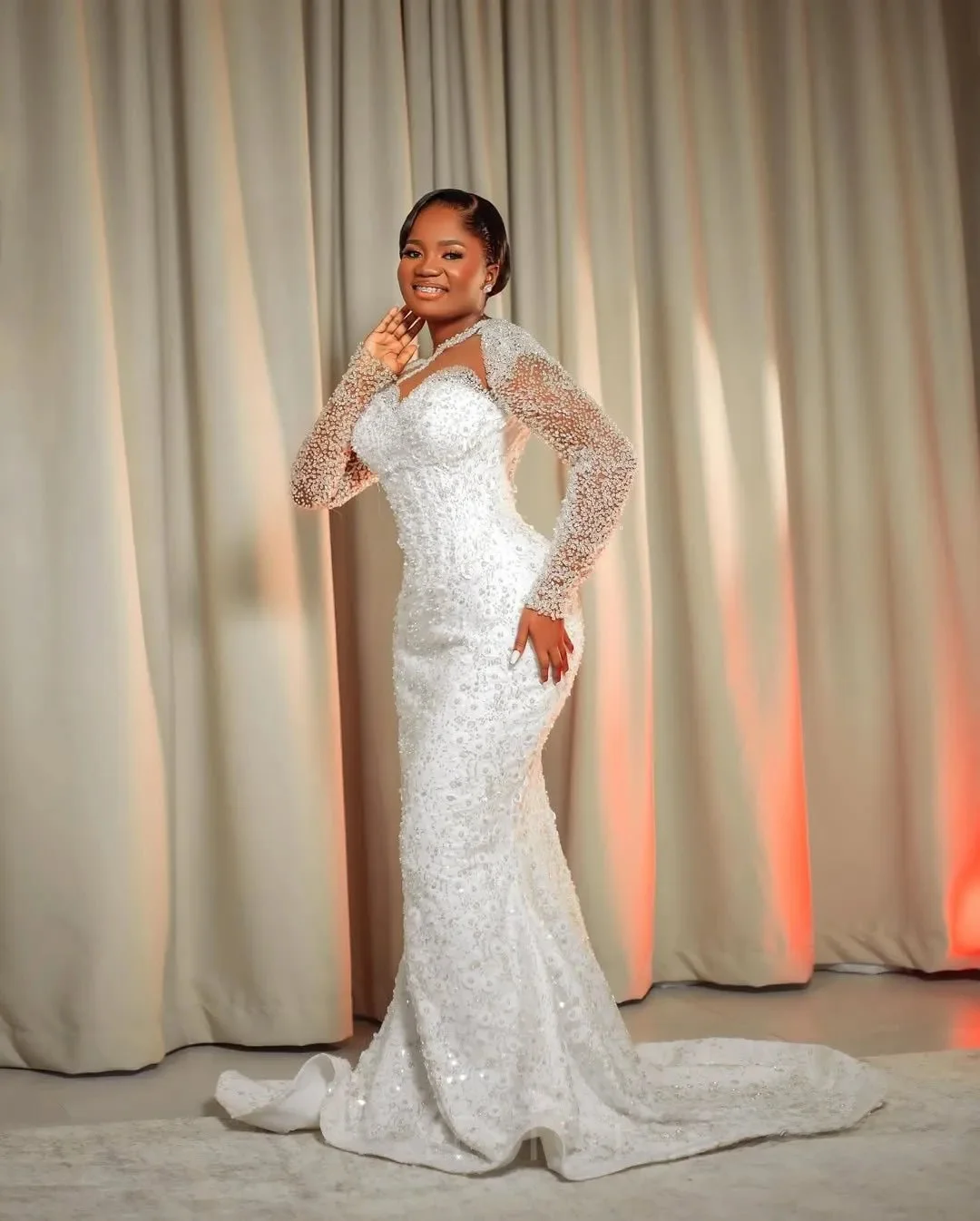 تخصيص فستان الزفاف الأفريقي زي العرائس للعروس حورية البحر الوهم شير طويلة الأكمام زين مطرز الدانتيل الراين #5
