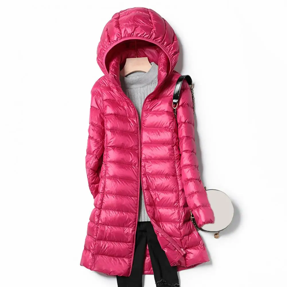 Manteau en duvet à capuche en peluche pour femme avec sac de rangement, veste mi-longue rembourrée, optique, coupe-vent, chaud pour les intempéries, hiver