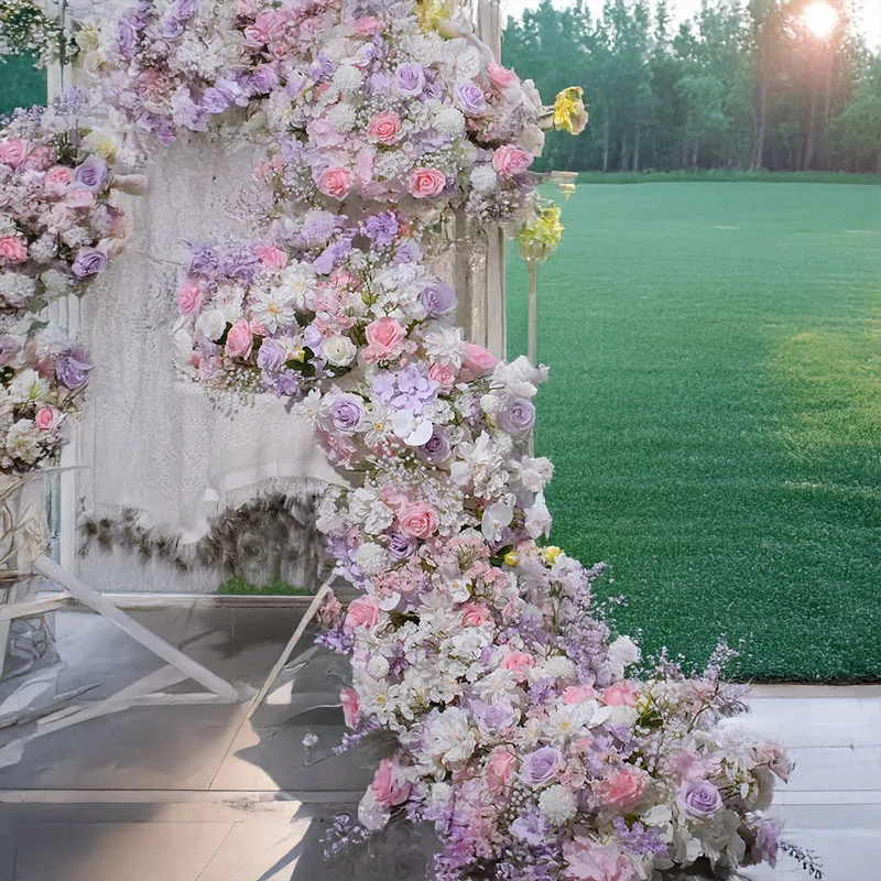 

White Pink Lavender Gradient Flower Rows Enchanting Arch Backdrops Elevate Table Ambiance with Flower Ball Accents