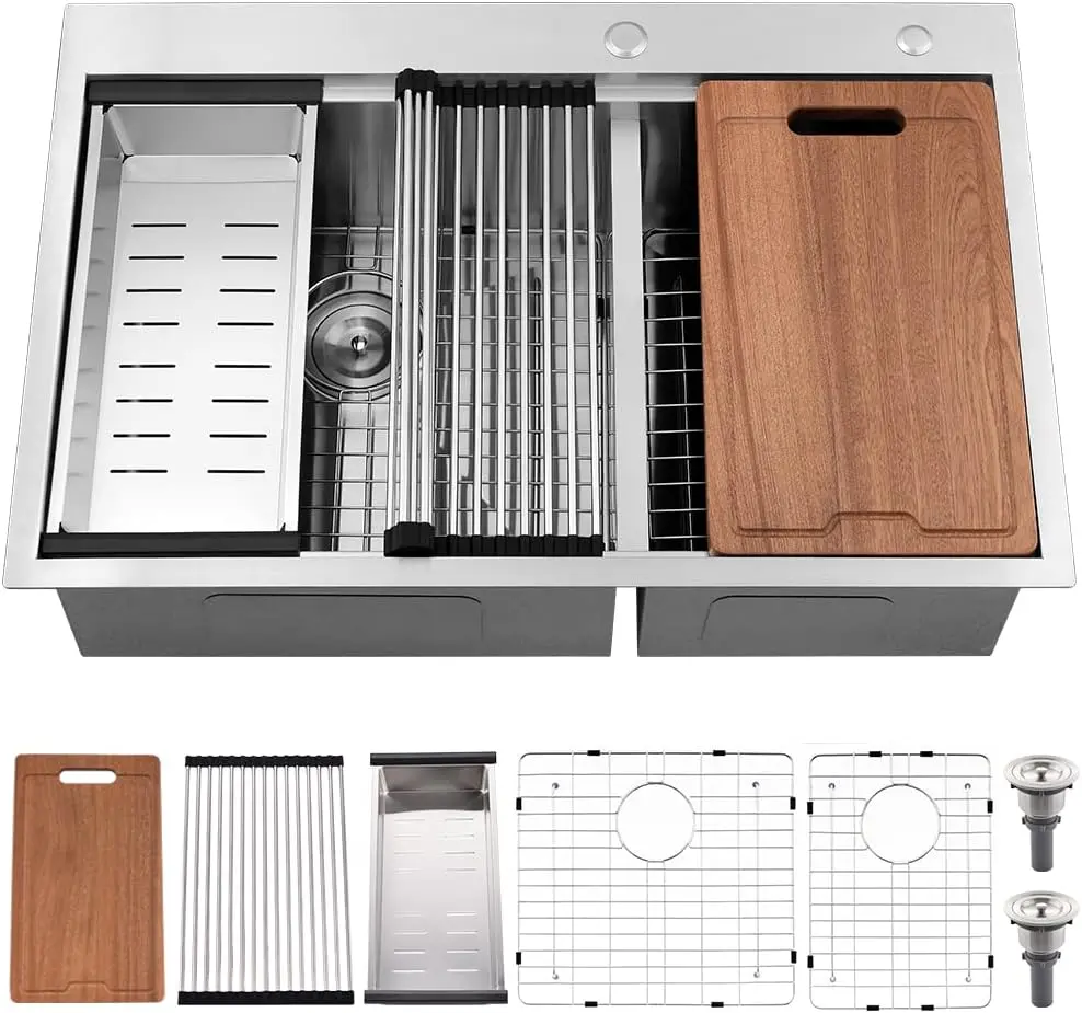 Kitchen Sink Workstation- Drop In Kitchen Sink Stainless Steel Double Bowl Kitchen Sink