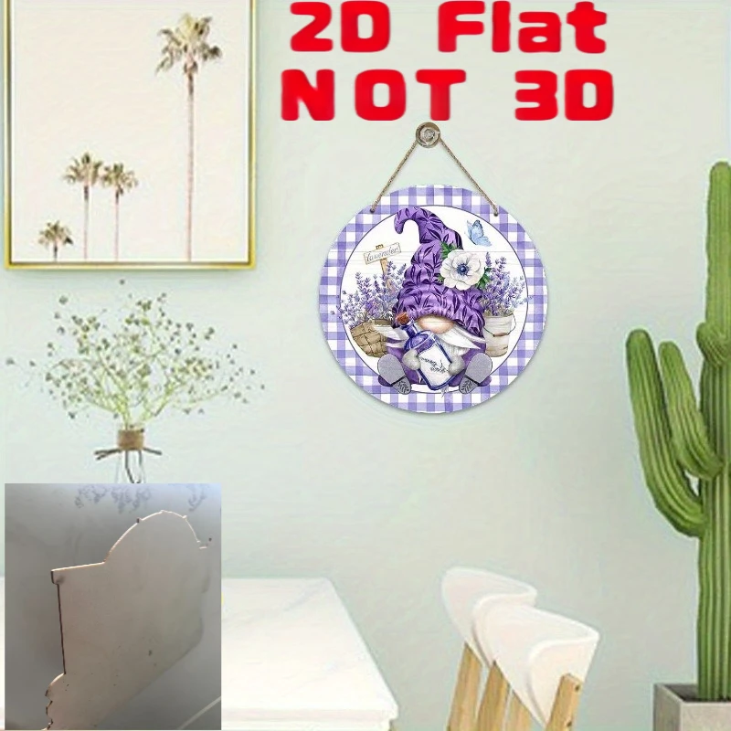 2D Flat, Pendants, Drops & Finials, Lavender Gnome Welcome Sign - Purple Buffalo Check Wooden Door Hanger, with Floral And Butte
