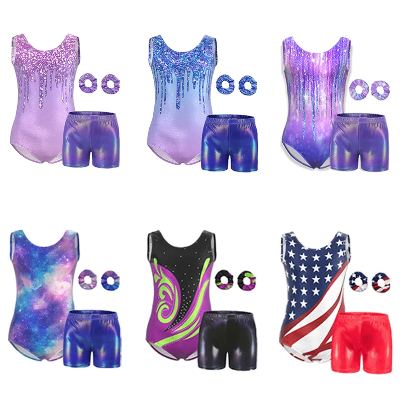 Mädchen-Gymnastik-Trikots für Kinder, glänzend, bunt, ärmellos, Tanktop mit Shorts, Haarband für Gymnastikübungen auf der Schulanfang