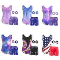 Leotardos de gimnasia para niñas, camiseta sin mangas colorida brillante con pantalones cortos, diadema para práctica de gimnasia de regreso a la escuela