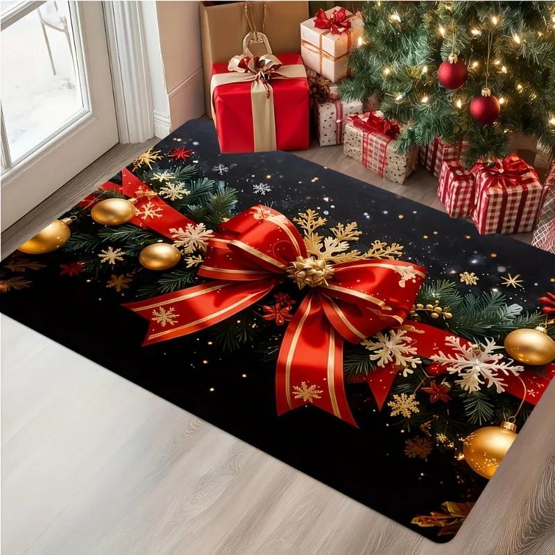 Christmas Red Bow Golden Bauble Pine Branch Snowflake Flannel Doormat Non Slip Front Floor Mat Elegant Festive Entrance Deco Rug