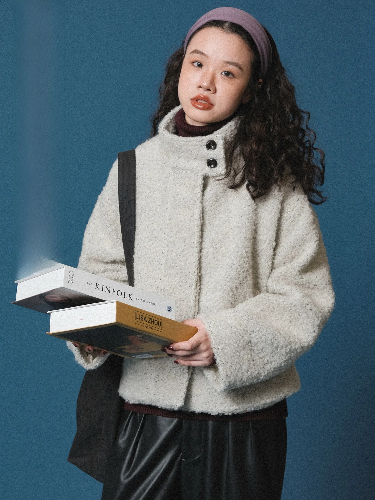 

Ivy Yang Winter ort Outerwear Wool Blend Furry Stand Collar Loose Fit Ring Patterned Casual Sle Ladies Zipper Coat