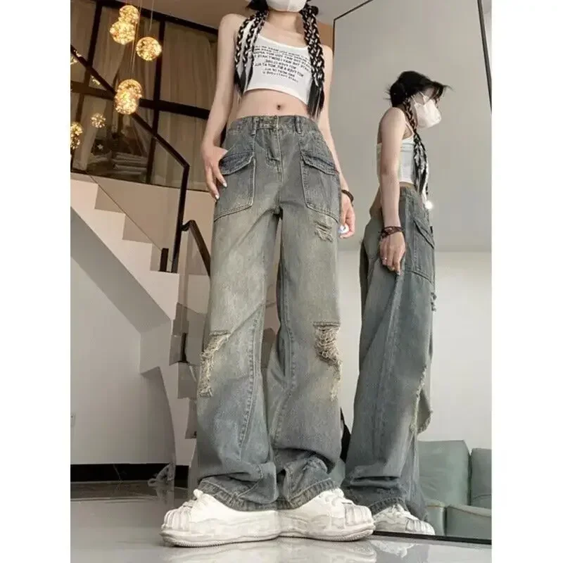 Retro Vintage Gerade Bein Zerrissene Jeans für Frauen 2024 Frühling Sommer Neue Spicy Girl Hohe Taille Lose Bodenlangen Breite Bein Hosen