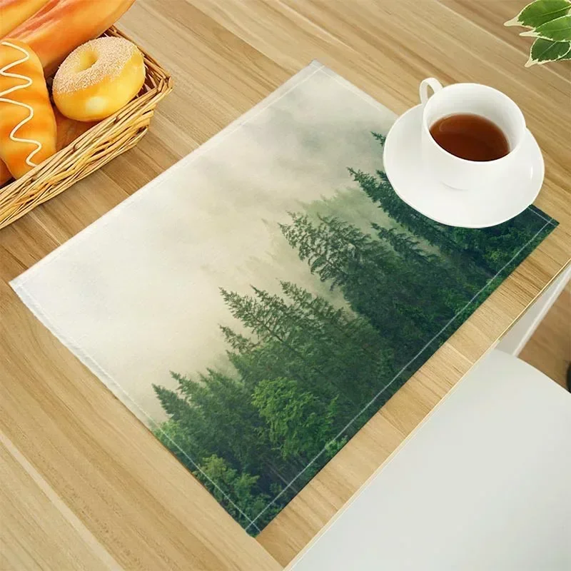 Natural Forest Print Linen Dining Table Mats Alphabet Kitchen Placemat 32X45cm Coasters Pads Bowl Cup Mat