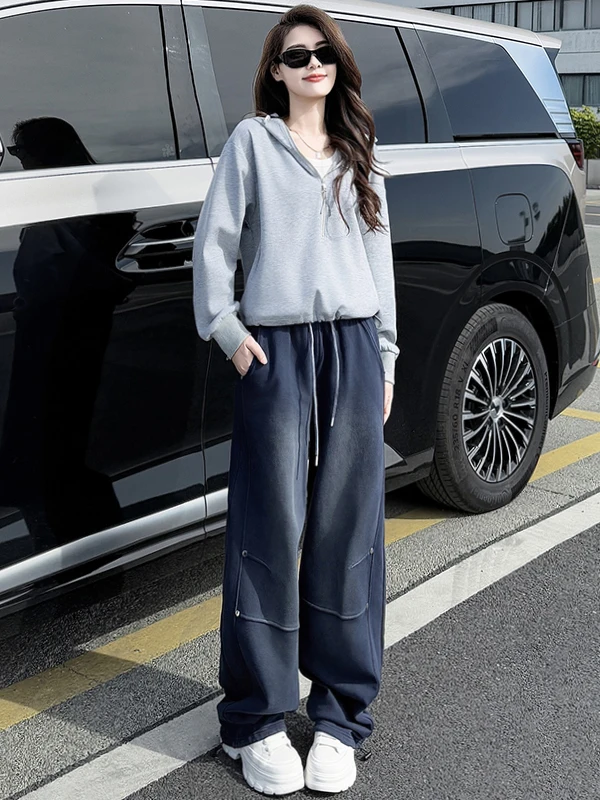 

Trendy Casual Sportswear Set Women's Winter Fashion Anti-aging Stylish Grey Hoodie Wide Leg Pants Two-piece Set