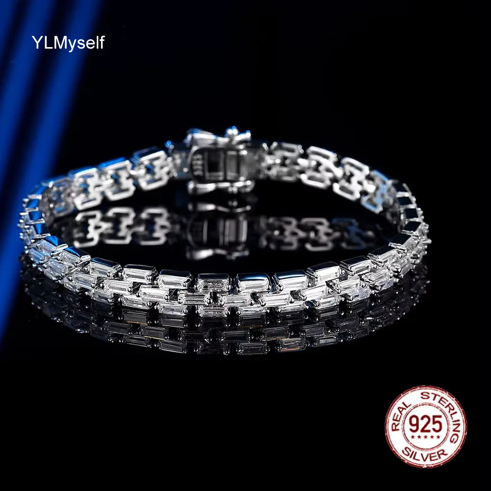 

Real 925 Silver Bracelet 5.4mm Wide Chain Pave 1.5*3.5 mm Rectangle Cubic Zircon Luxury Fine Jewelry For Women