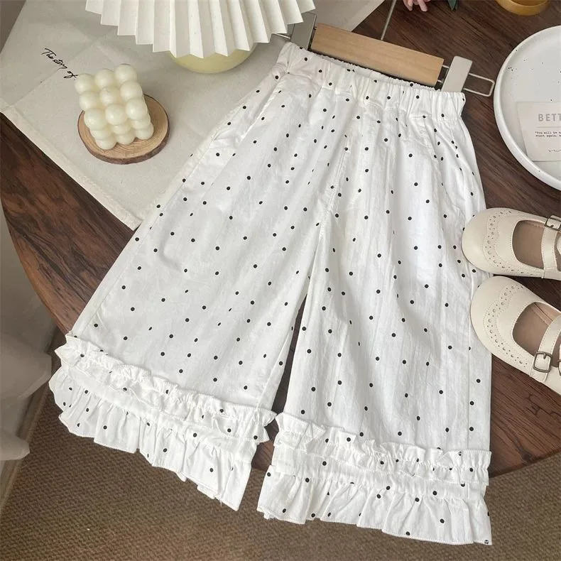 

Girls' Summer Casual Pants Baby Children's Personality Korean Sweet Flower Border Anti-polka Dot Mosquito Wide-leg Pants