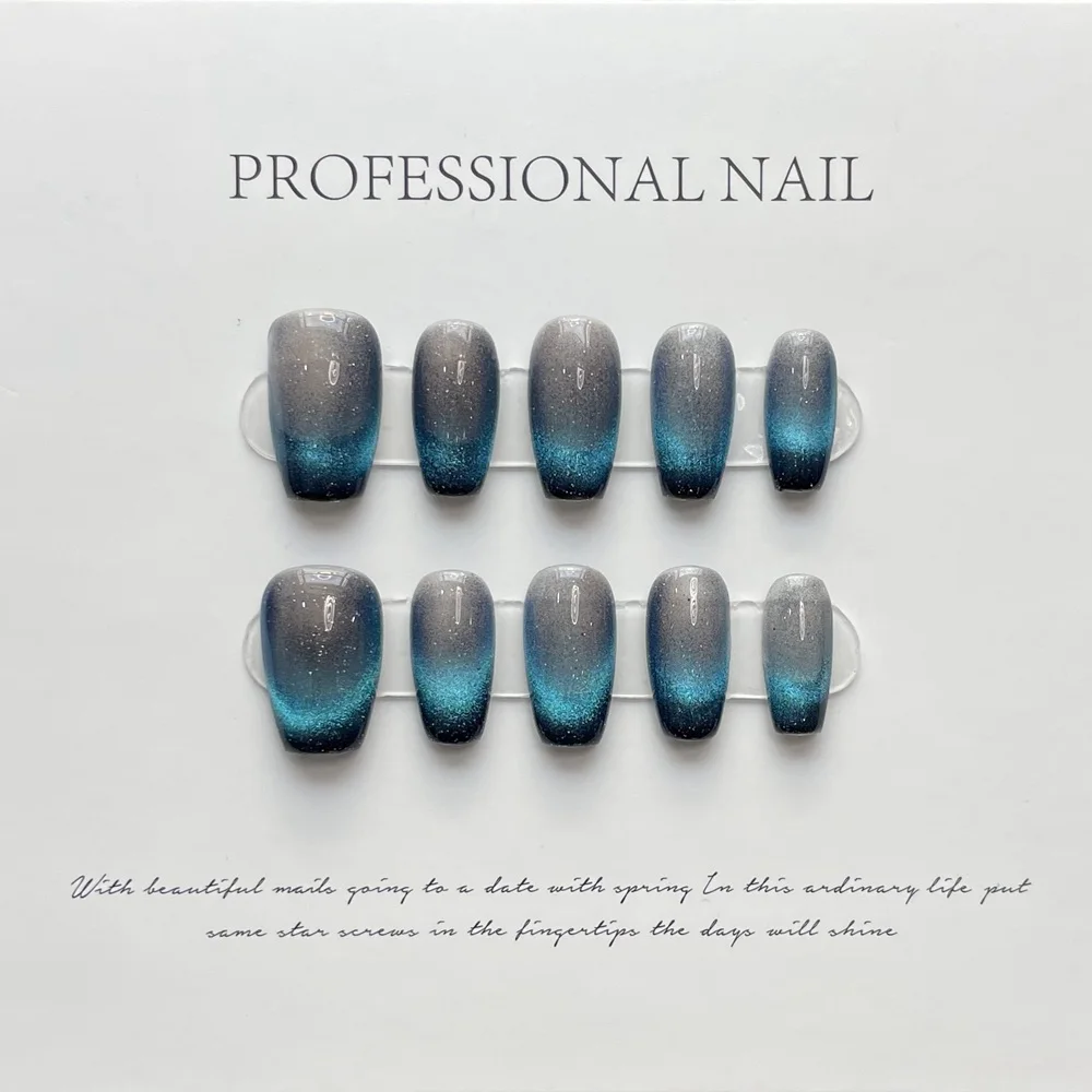 Handmade Short Gradient Cat Eye Press on Nails Luxury French Reusable False Artifical Nails for Design Full Cover Nail Tips Girl