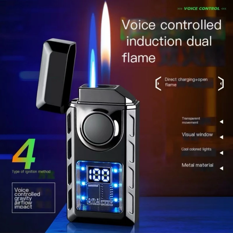 Creative Voice Controlled Ignition Gas Lighter Color Light Battery Display Open Fire Switching Jet Fire USB Electric Lighters