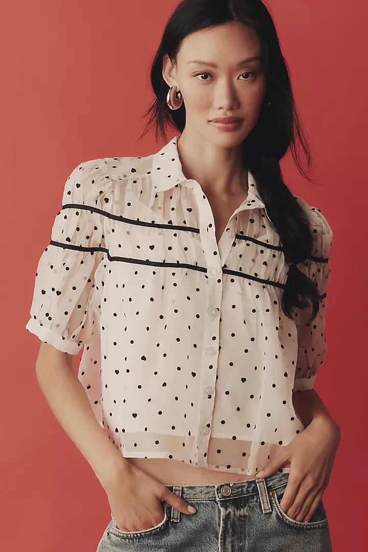 

Fashionable Casual Sexy See-through Printed Short Sleeve Shirt Women's Neck Open Cardigan Breathable Thin Polyester Spring