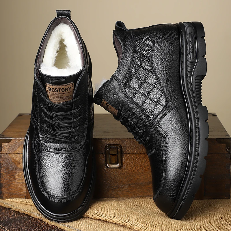 

Dad's shoes men's pure wool winter new item, top layer cowhide lace up casual leather shoes men's high top versatile warm cotton