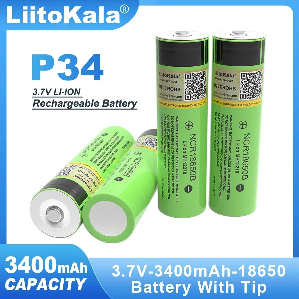 10PCS LiitoKala NCR18650B  Tip 3.7v 3400 mAh 18650 Lithium Rechargeable Battery with Pointed batteries