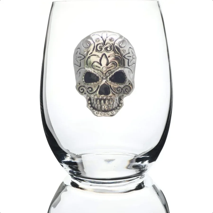 

Skull Jeweled Steml Wine Glass 21 oz. Gift for Women Birthday Cute Fun Not Painted Decorated Bling Bedazzled Rhinestone