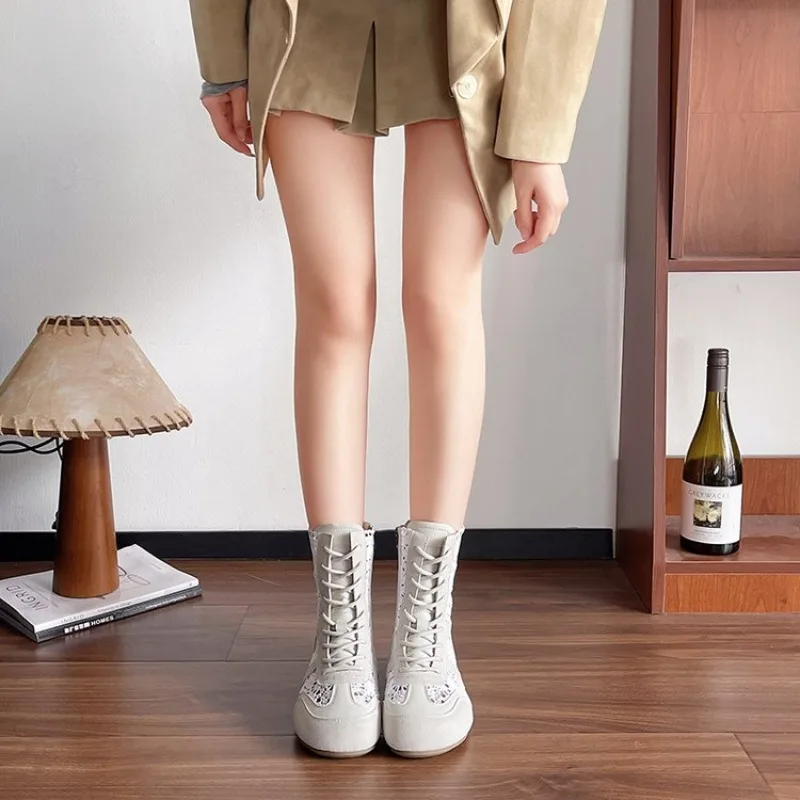 Botines Boho para mujer, con punta redonda, planos, con cordones, cremallera lateral, diseño de malla, estilo vintage, calzado informal para caminar en primavera y otoño