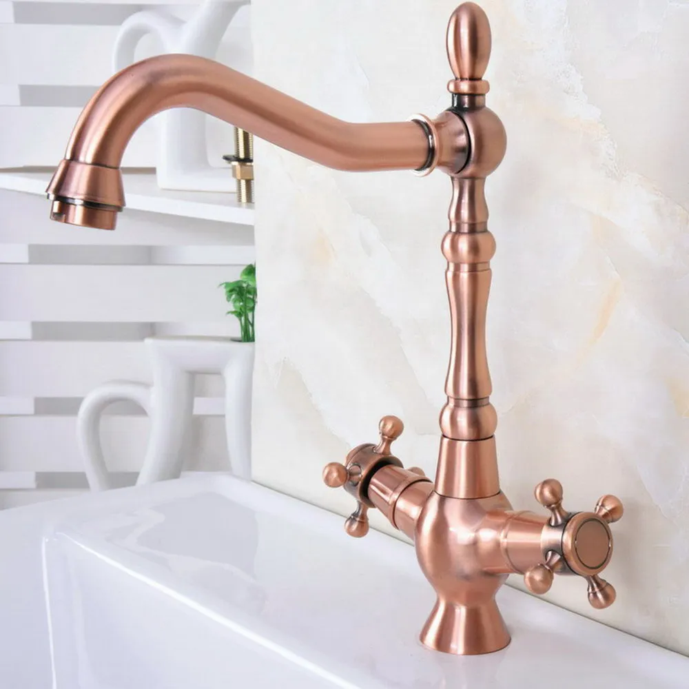 Antique Red Copper Bathroom Sink Faucet 360 Degree Swivel Spout Double Cross Handle Bath kitchen Mixer Taps znf617