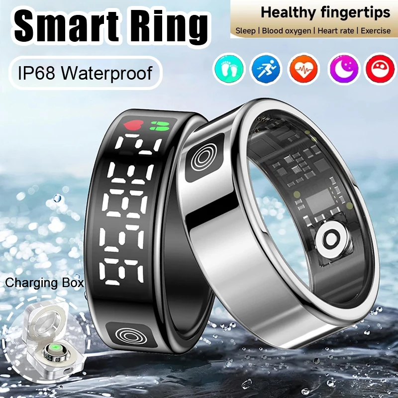 Smart Ring Men With Display Screen LED Heart Rate Blood Oxygen Monitoring Women Ring Multi Sports Modes IP68 5ATM Waterproof