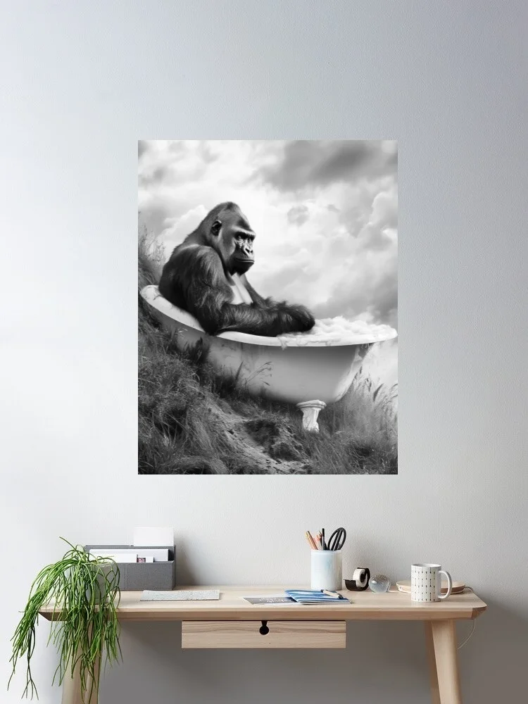 Gorilla Bubble Bath Bathtub Black White Surreal Canvas POSTER ,Home Decor Wall art painting