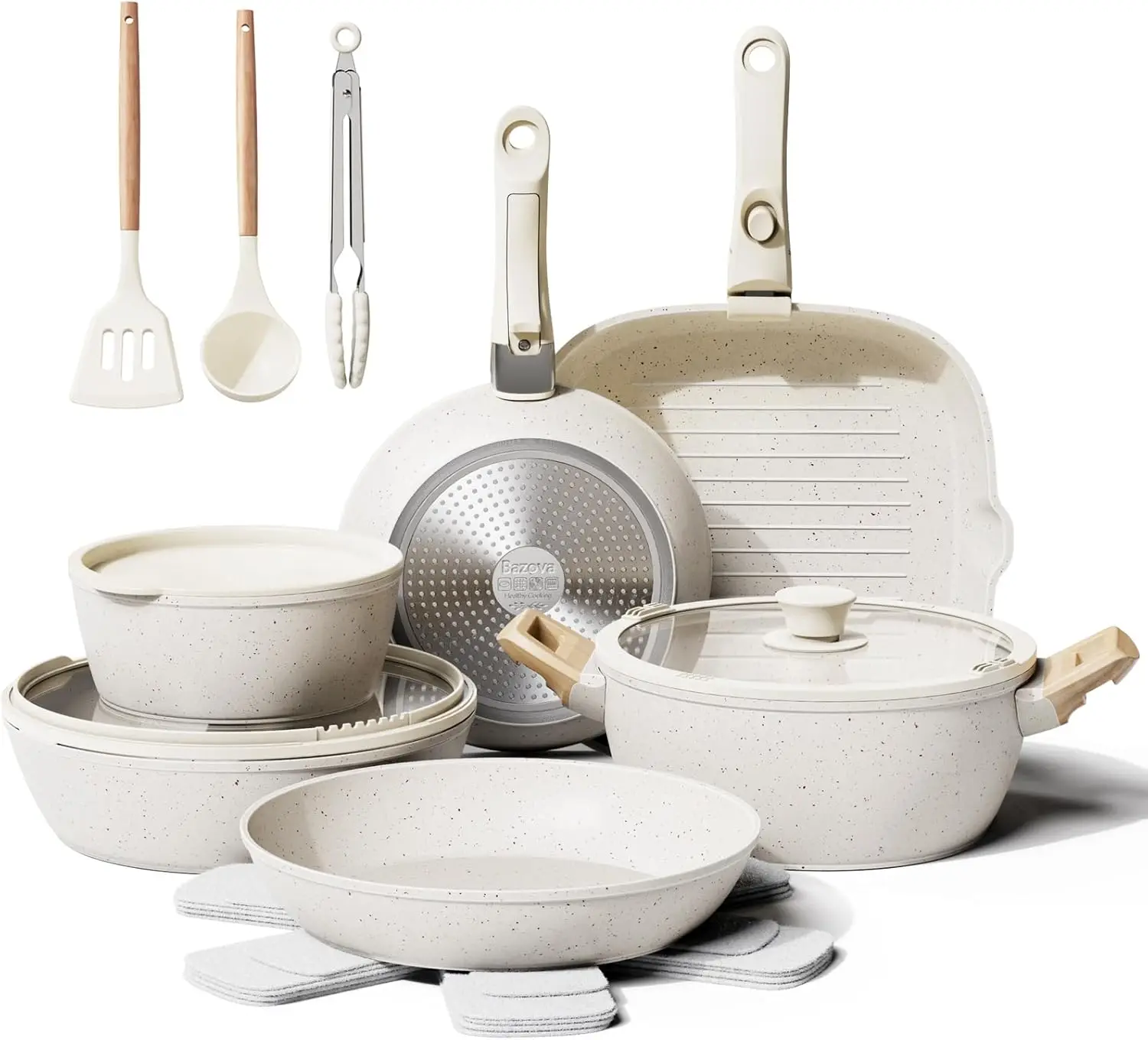 

19-Piece Non-Stick Ceramic Cookware Set, Induction Safe, Dishwasher/Oven Friendly, Cream White