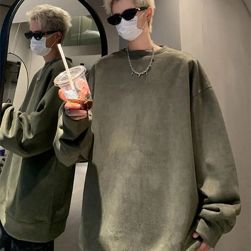 

Suede Round Neck Sweatshirt Men's Spring and Autumn American Retro Solid Color Loose Long-sleeved T-shirt Deerskin Casual Trend