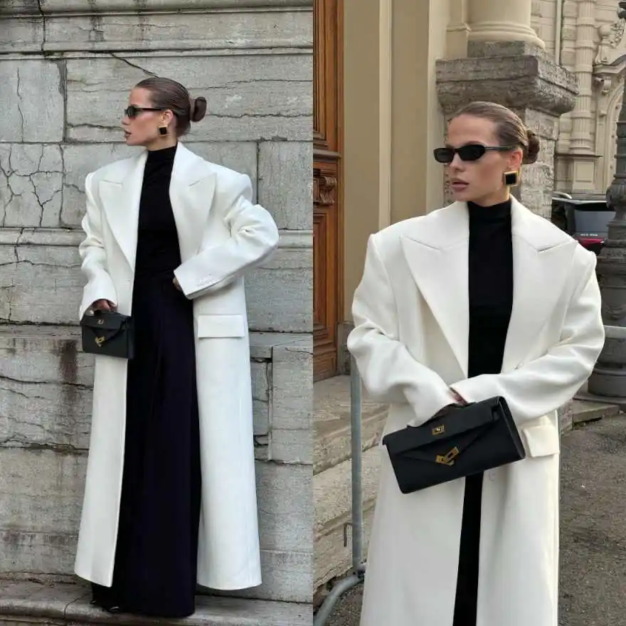 Elegant Peak Lapel Long Coat Wool Blend Oversized Tailored Flap Pocket Outerwear For Urban Street Style Occasion Customized