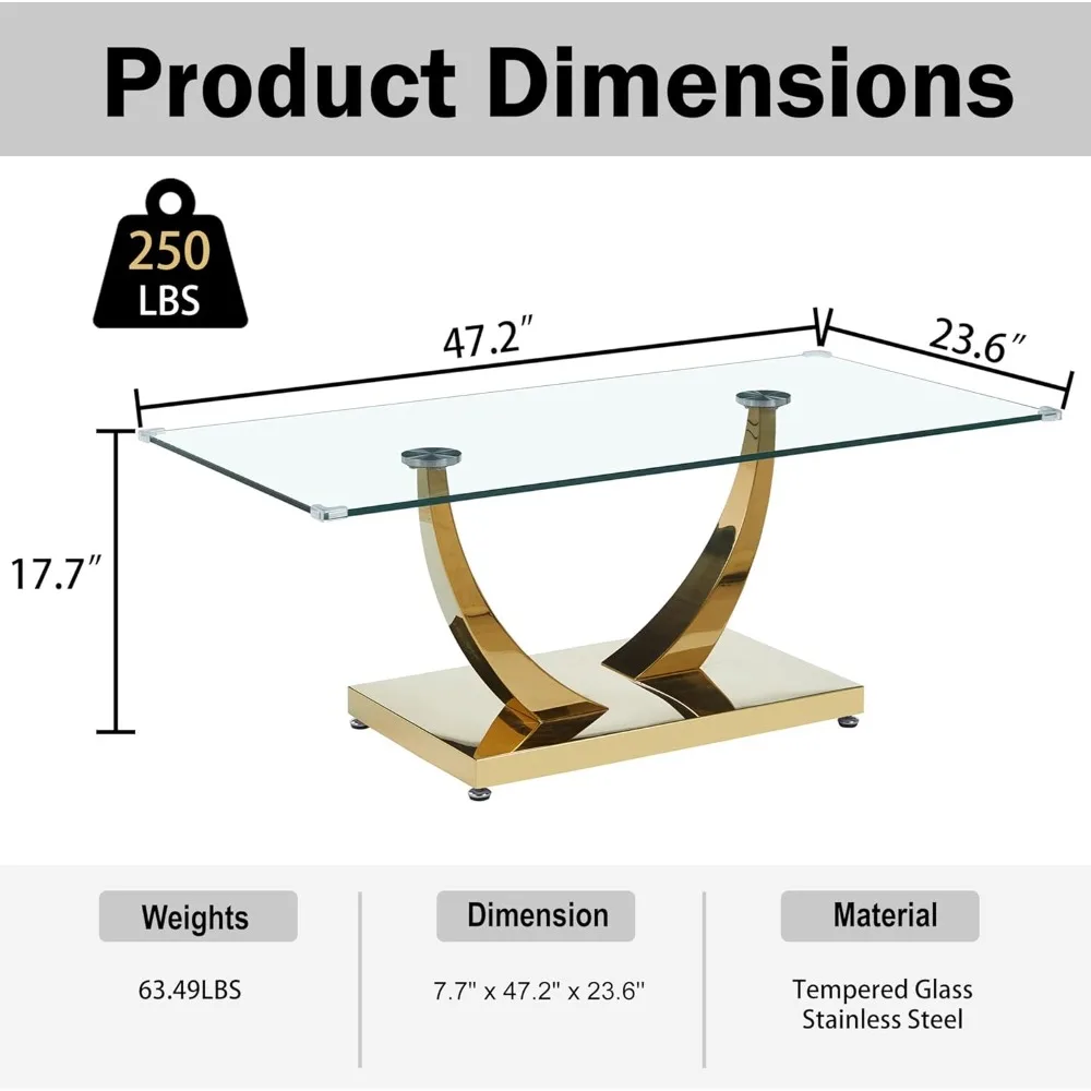 Modern Gold Mirror Coffee Table with U-Shape Stainless Steel Legs, Tea Table, Luxury Rectangle Center Table for Living Room Home