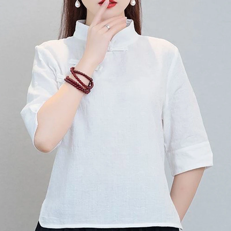 2023 Summer New Cotton Hemp Chinese Style Shirt Women Round Neck Half Sleeve Solid Color Pullovers Fashion Casual All-match Tops