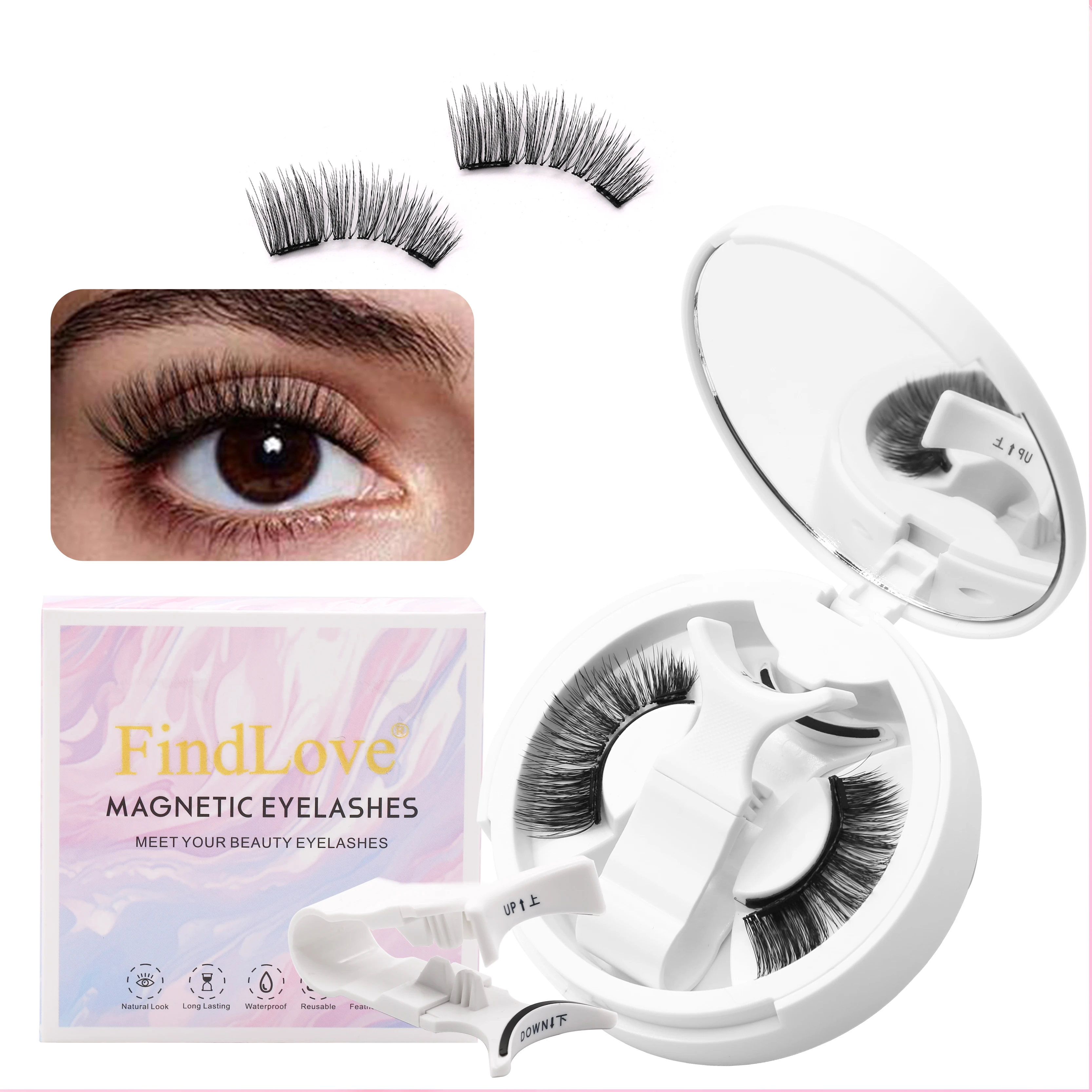 1 Pair 3D Magnetic False Eyelashes Reusable Glue Free Magnet Lash with Applicater One-piece Box Easy To Apply Eyelash Extension