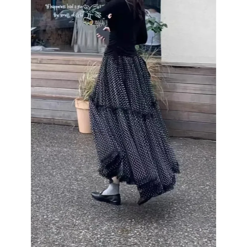 1 قطع المرأة البولكا نقطة تول ماكسي تنورة الثقيلة شبكة ألف خط الطابق طول تنورة أنيقة مكتب تخفيف تكدرت المتدرج كعكة تنورة #1