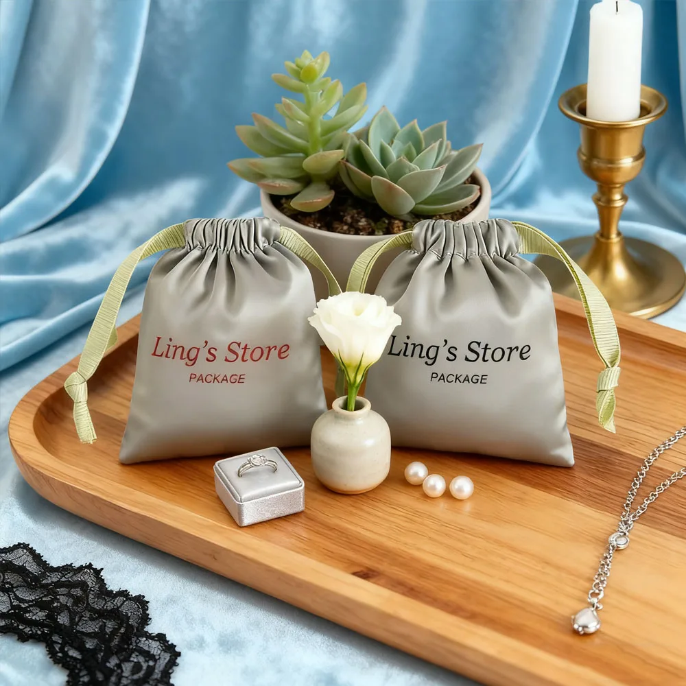 

100pcs Green Jewelry Silk Satin Drawstring Bag Wedding Lovely Candy Packaging Pouches Gifts Ring Cosmetic Container Custom Logo