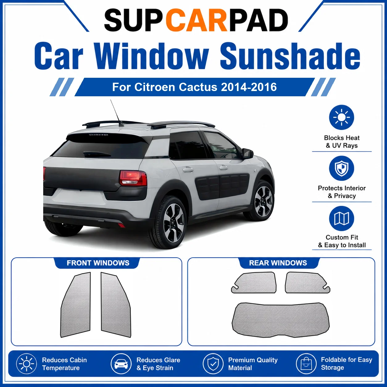 For Citroen - Citroen Cactus 2014-2016 Full Set Car Window Sunshades UV Block Privacy Heat Insulated Foldable Car Curtain