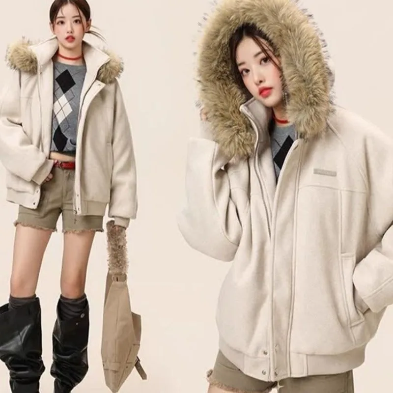 

LinenGrey Fur Collar American Retro Heavy-duty Hooded Cotton-padded Jacket Men's Women's Winter Thickened Cotton-padded Jackets