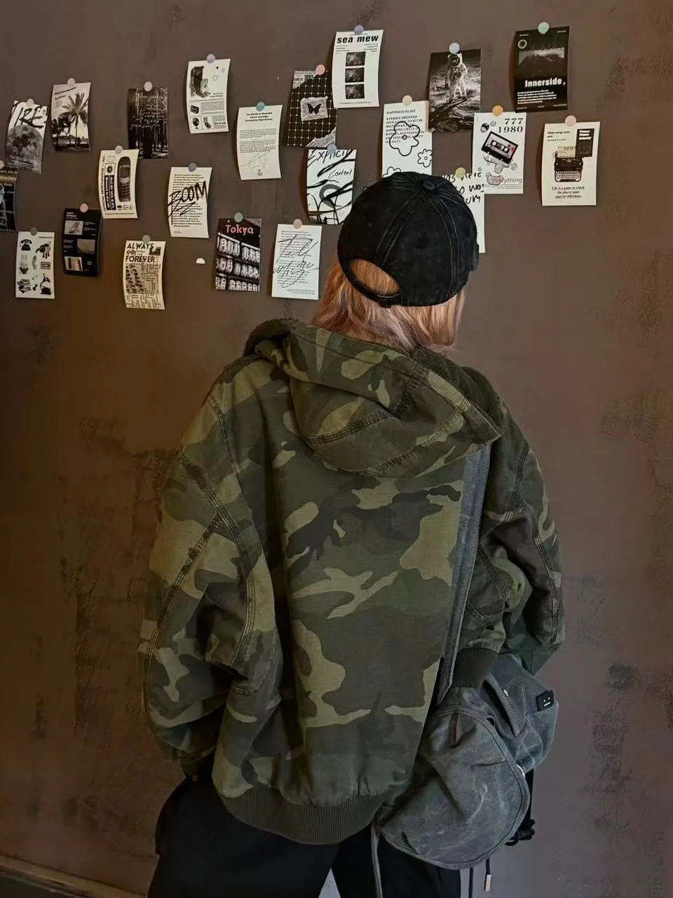 Casual Camouflage Design Zipper Split Personality Splicing Short Jacket Casual Matched Top for Women Long Sleeve Winter Coat