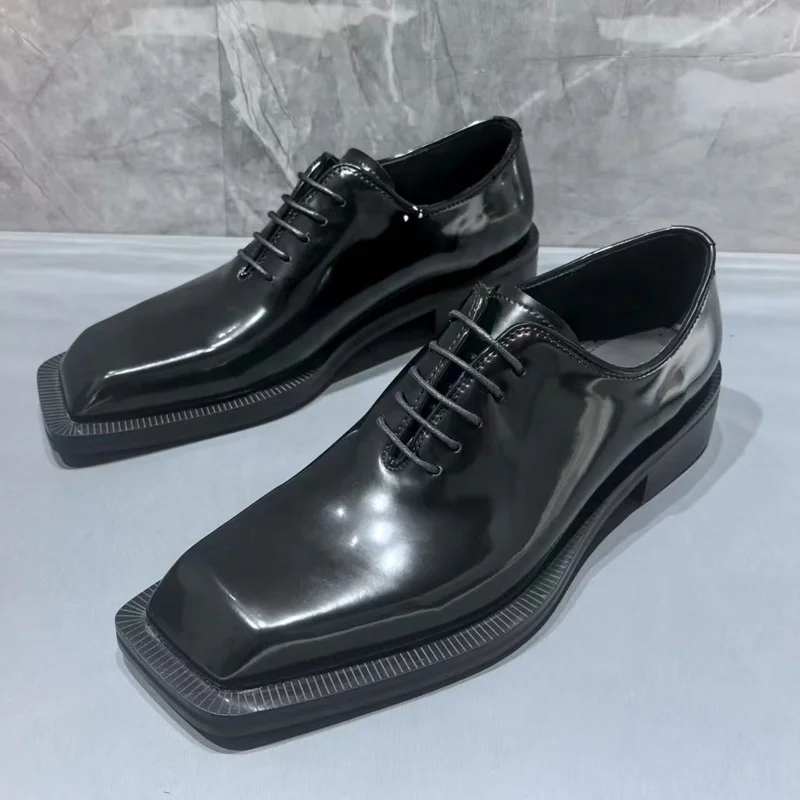 

New Black Leather Oxford Man Shoes Slip On Men's Dress Shoes Handmade Square Toe Lace-up Formal Shoes For Men