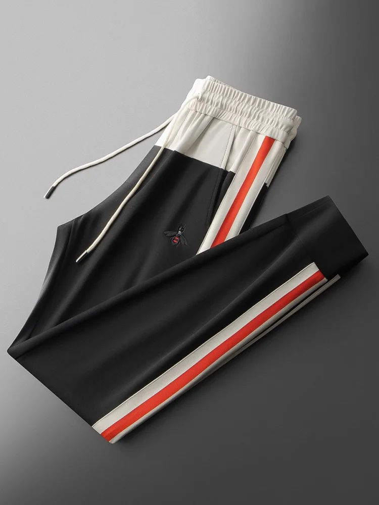 

High-End Faion Color Blo Waist Corduroy Men's Summer Thin Slim Fit Cuffed Casual Pants Bee Embroidery Sports Pants