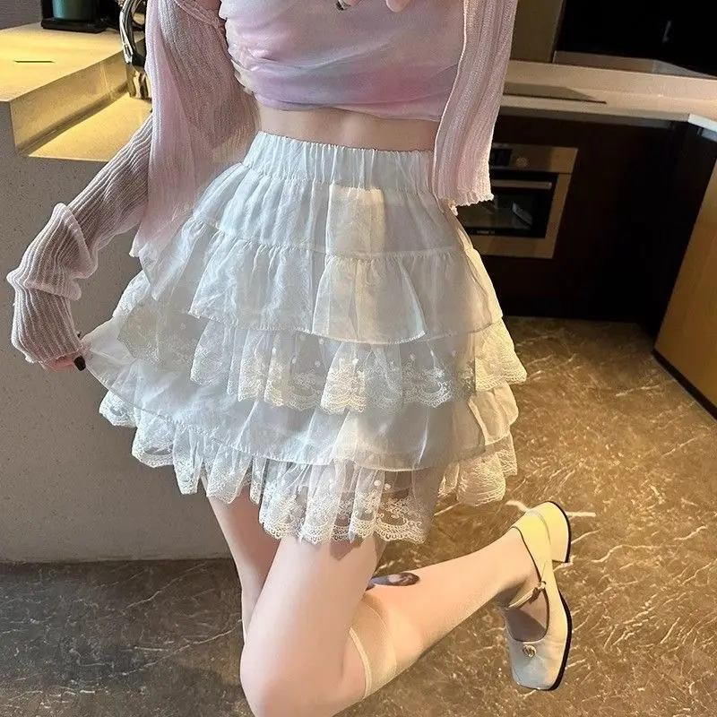 Women Fluffy Skirt White Cake Dress High Waist Mesh Short Skirt Y2k Lace Streetwear Sweet Kawaii Harajuku Chic Sexy  Casual