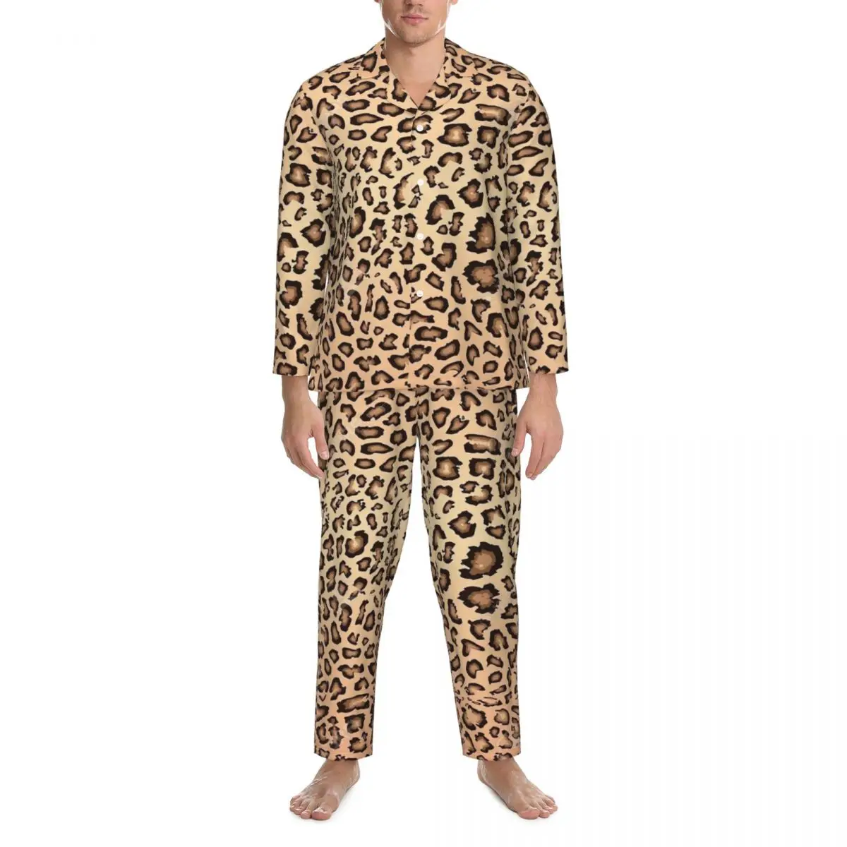 Leopard Print Pajamas Mens Retro Animal Lovely Bedroom Sleepwear Autumn 2 Piece Aesthetic Oversize Design Home Suit