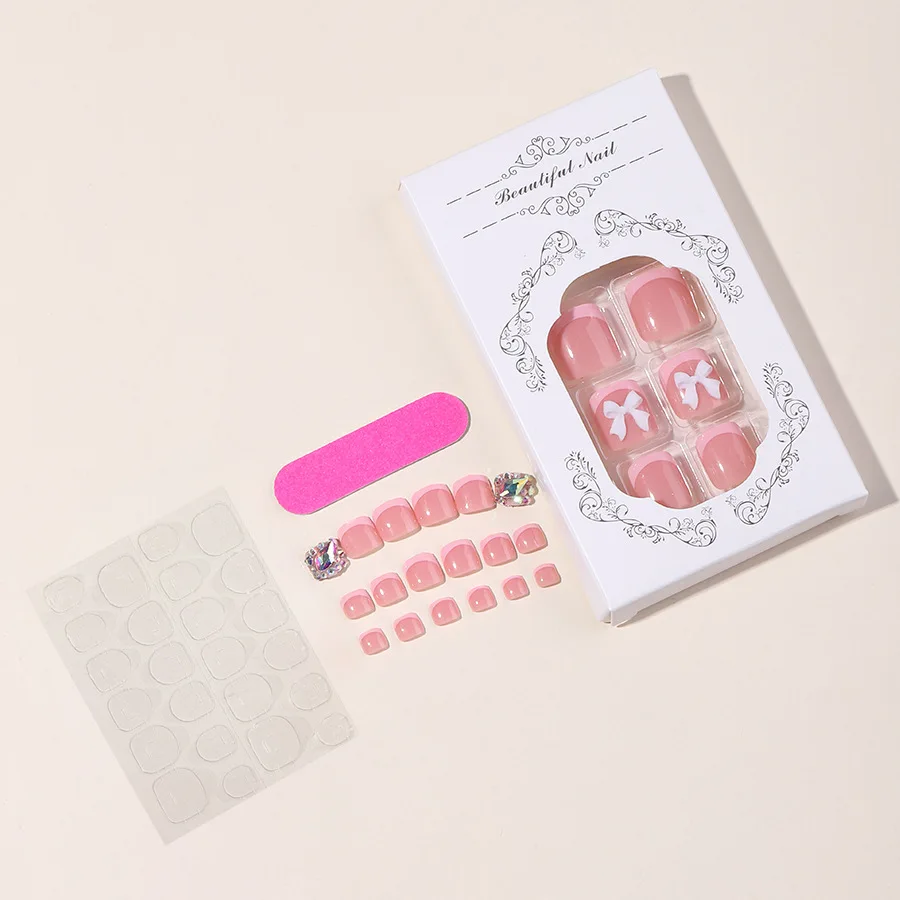 Uñas postizas para pies, juego de manicura con diseño de lazo blanco, color rosa francés, 24 piezas, Verano