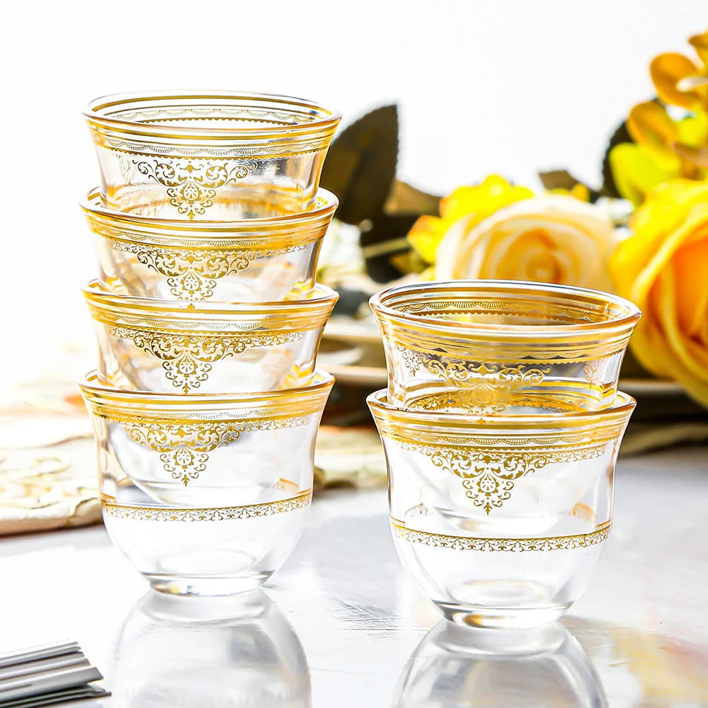 Ins Nordic style glass tea cup, Light Gold Moonlight Cup, Hot stamping lead-free glass cup, Vintage Türkiye black tea cup, 6pcs