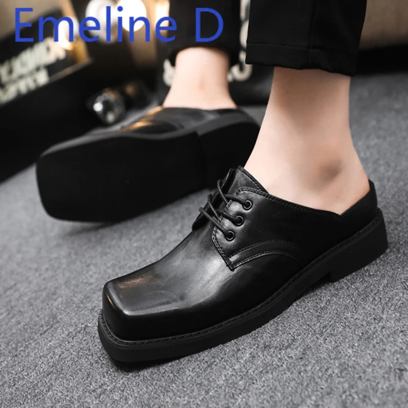 

Leather Slippers Men's British Style Men's Comfortable and Versatile Square Headed Lazy Shoes One Foot Off for Outdoor Leisure