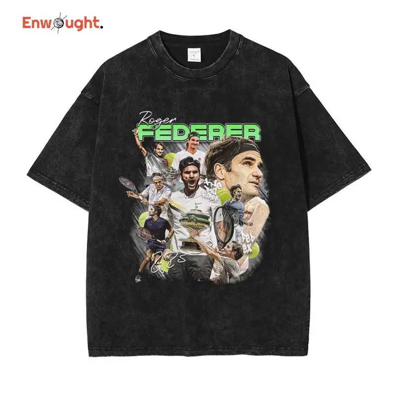 Roger Federer T shirt tennis players Federer express vintage washed top tees hip hop Harajuku short sleeve oversized T-shirt men