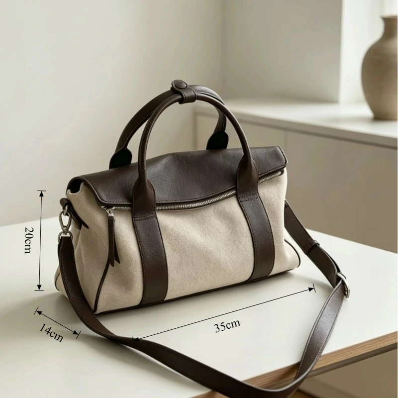 Sophisticated Work Shoulder Bag for Women Genuine Leather Cotton Linen Large Capacity Color Block luxury handbag portable